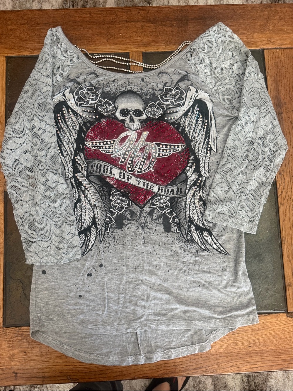 Grey Lace Sleeve Harley Davidson Graphic Top with bling